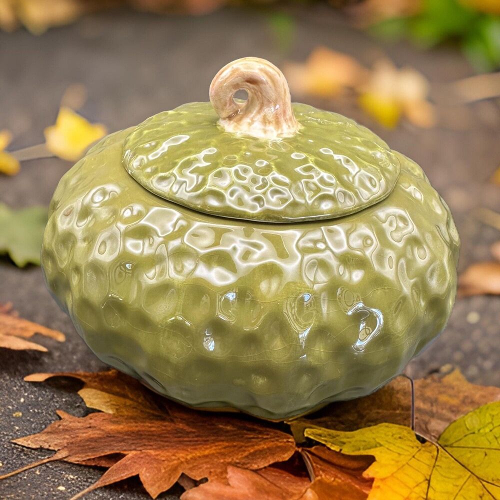 Vintage Realistic Olive Green Ceramic Gourd Lidded Box by Stone Lite Fall Decor